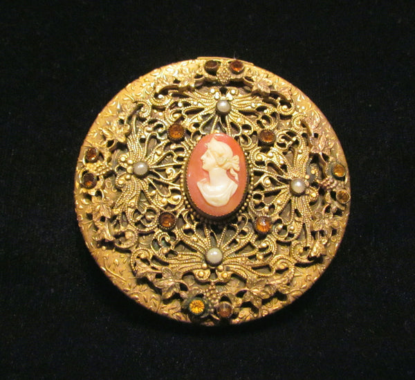 1800's French Cameo Gold Filigree Amber Jeweled Pearl Powder Mirror Compact Rare