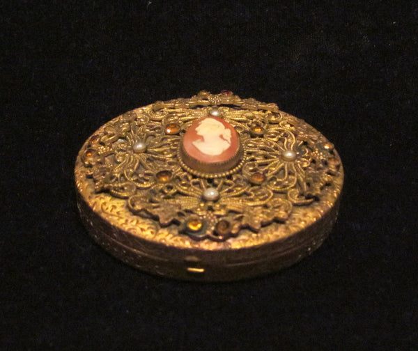 1800's French Cameo Gold Filigree Amber Jeweled Pearl Powder Mirror Compact Rare
