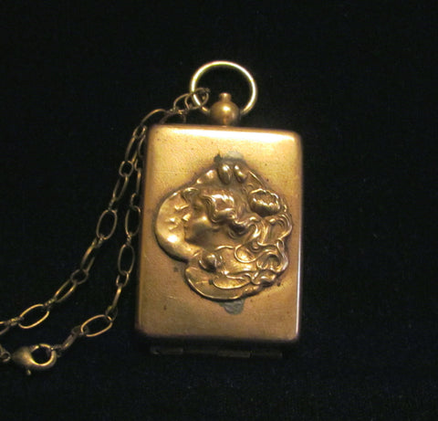 Art Nouveau Locket Antique Chatelaine Compact Circa 1890s Gold Tone Fob