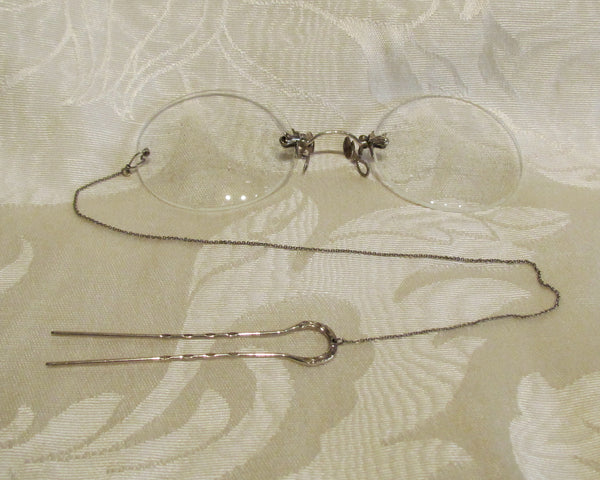 Pince Nez Eyeglasses Victorian Spectacles 14K White Gold 1800s SHUR-ON Ladies Glasses With Hairpin & Case Excellent Condition