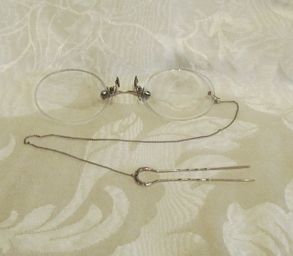 Pince Nez Eyeglasses Victorian Spectacles 14K White Gold 1800s SHUR-ON Ladies Glasses With Hairpin & Case Excellent Condition