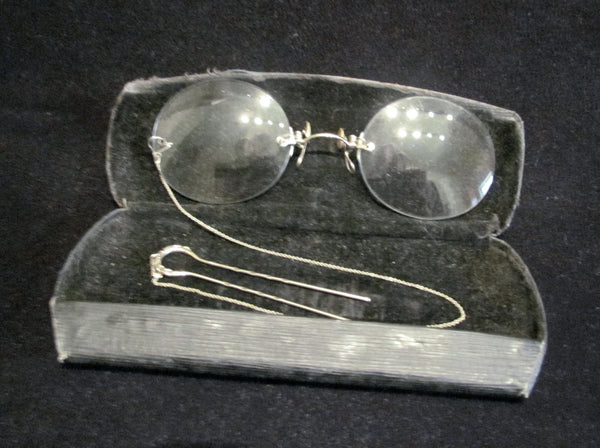 Pince Nez Eyeglasses Victorian Spectacles 14K White Gold 1800s SHUR-ON Ladies Glasses With Hairpin & Case Excellent Condition