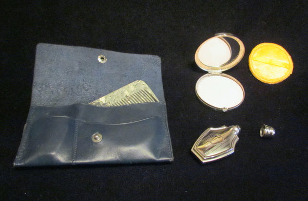 1910s Nickel Silver Compact Set Perfume Bottle Powder Compact Bakelite Comb Leather Purse Unused Extremely Rare