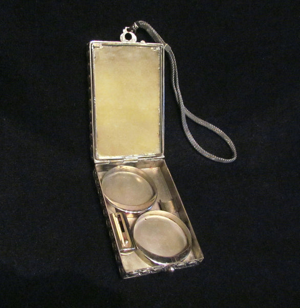 Silver Guilloche Compact Wristlet Purse Enamel Victorian Dance Purse