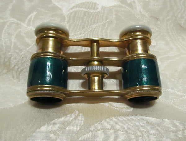 Antique Green Guilloche Opera Glasses 1800s Theater Glasses Enamel Binoculars With A French Silk Purse