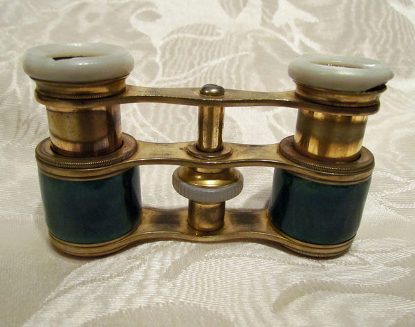 Antique Green Guilloche Opera Glasses 1800s Theater Glasses Enamel Binoculars With A French Silk Purse