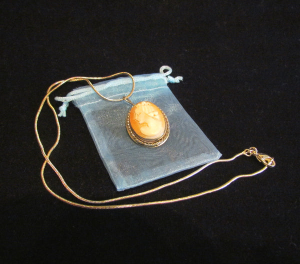 Sterling Silver Carved Shell Cameo Necklace & Brooch Vintage 1930s Victorian Pin Pendant
