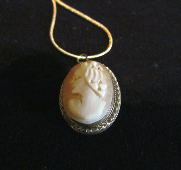 Sterling Silver Carved Shell Cameo Necklace & Brooch Vintage 1930s Victorian Pin Pendant