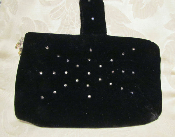 1930s Black Velvet Rhinestone Purse Excellent Condition