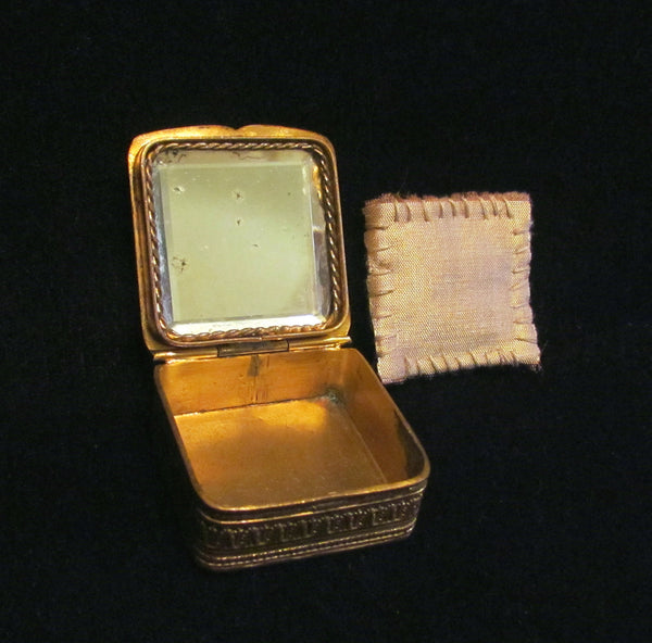 French Gold Filigree Compact Guilloche Enamel White Pearls Blue Stones Antique Powder Box 1800's RARE