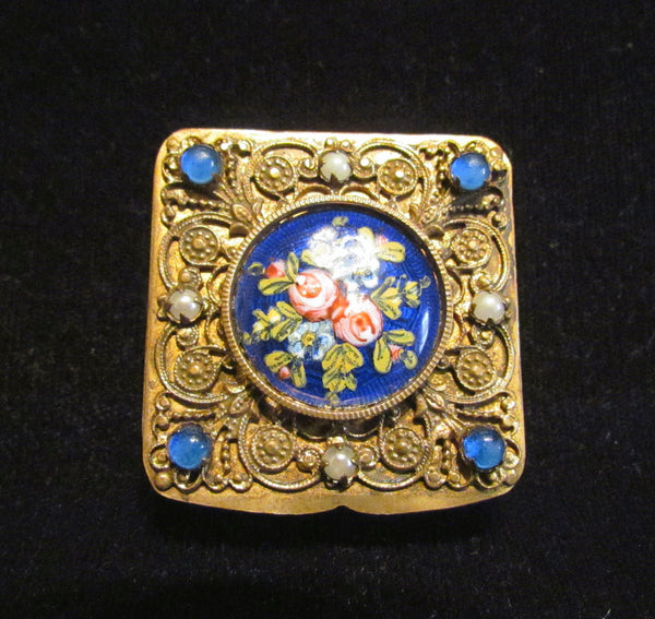 French Gold Filigree Compact Guilloche Enamel White Pearls Blue Stones Antique Powder Box 1800's RARE