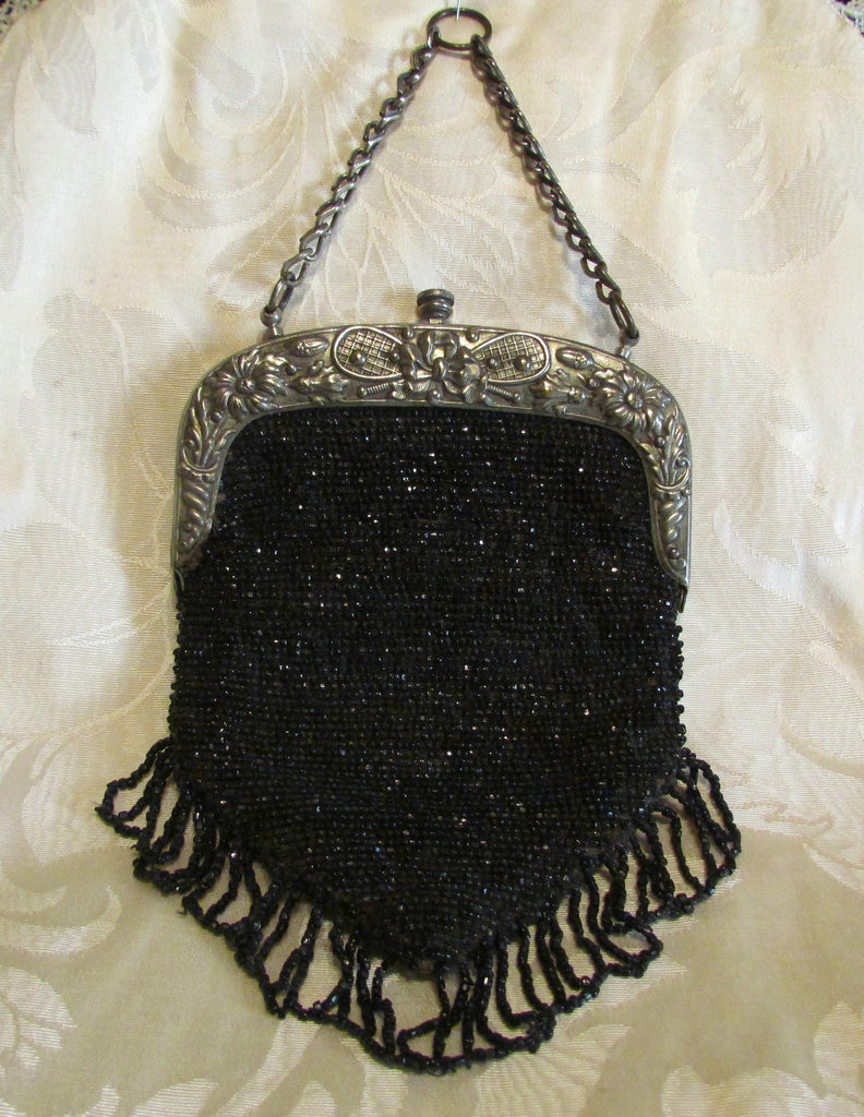 1910s Steel Cut Bead Purse Antique Chatelaine Black Beaded Bag Art