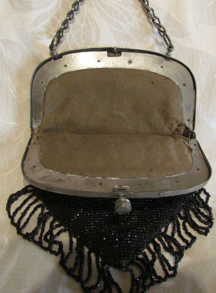 1910s Steel Cut Bead Purse Antique Chatelaine Black Beaded Bag Art Nouveau Silver Tennis Racket Frame