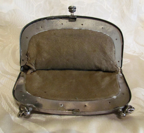 1910s Steel Cut Bead Purse Antique Chatelaine Black Beaded Bag Art Nouveau Silver Tennis Racket Frame