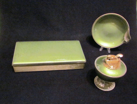 1950s Evans Guilloche Smoking Set Green Enamel Lighter Cigarette Box Ashtray Tabletop Working Lighter Mint Condition