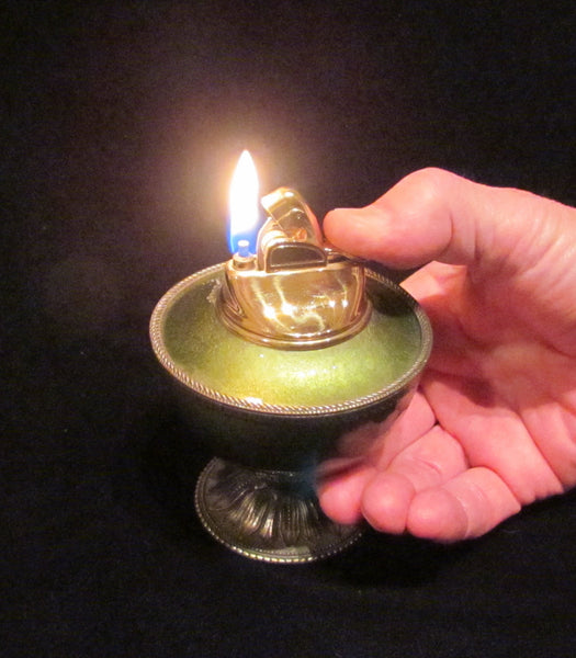 1950s Evans Guilloche Smoking Set Green Enamel Lighter Cigarette Box Ashtray Tabletop Working Lighter Mint Condition