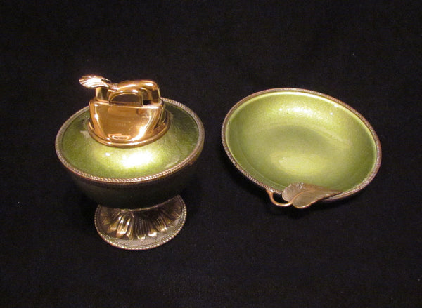 1950s Evans Guilloche Smoking Set Green Enamel Lighter Cigarette Box Ashtray Tabletop Working Lighter Mint Condition