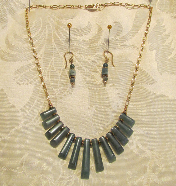 14kt GF Necklace & Earrings Set Green Aventurine Cleopatra Nile OOAK Beaded Necklace Set 14kt Gold Filled Earrings