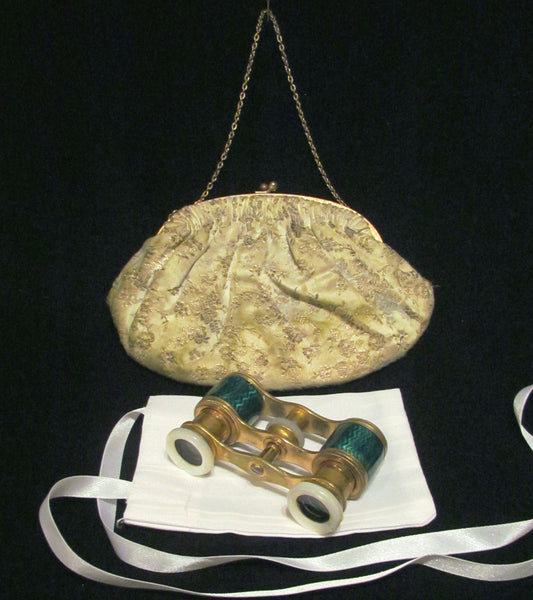 Antique Green Guilloche Opera Glasses 1800s Theater Glasses Enamel Binoculars With A French Silk Purse