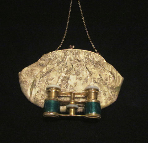 Antique Green Guilloche Opera Glasses 1800s Theater Glasses Enamel Binoculars With A French Silk Purse