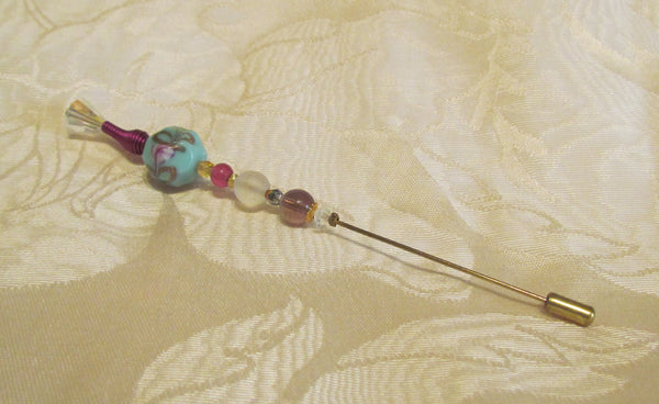 OOAK Handmade Stick Pin Beaded Hat Pin One Of A Kind Iridescent Crystal