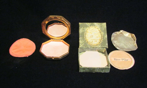 Vintage Djer Kiss Compact Powder Rouge Mirror Gold And Green Enamel With New Boxed Powder & Puff Refill