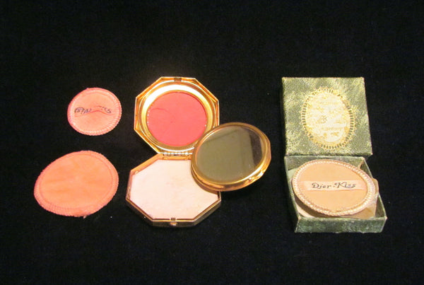 Vintage Djer Kiss Compact Powder Rouge Mirror Gold And Green Enamel With New Boxed Powder & Puff Refill