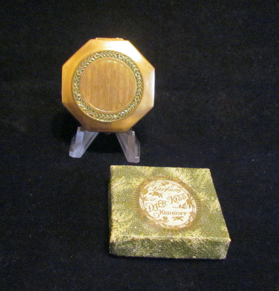 Vintage Djer Kiss Compact Powder Rouge Mirror Gold And Green Enamel With New Boxed Powder & Puff Refill