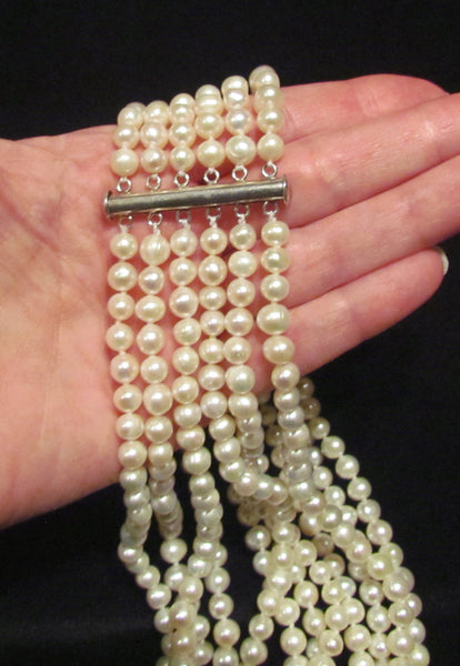 6 Strand Pearl Necklace Freshwater White Pearls 925 Sterling Clasp Handmade OOAK