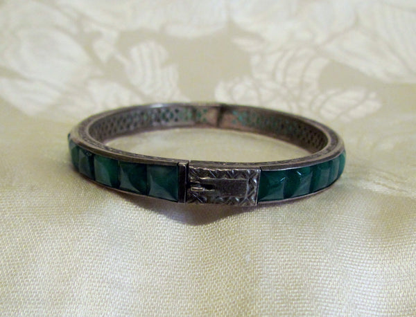 Vintage Sterling Silver Bracelet 1930s Green Aventurine Excellent Condition