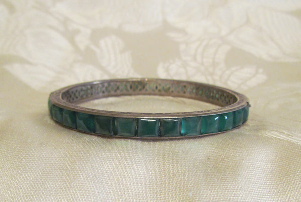 Vintage Sterling Silver Bracelet 1930s Green Aventurine Excellent Condition