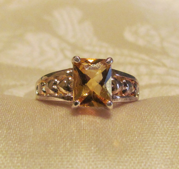 Sterling Silver 2 Carat Citrine Emerald Cut Ring  Size 9