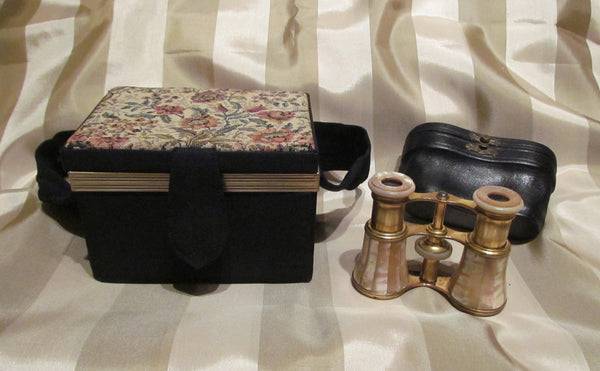 1800s LeMaire Fi Mother Of Pearl Opera Glasses Antique Paris Theater Glasses 1920s Morie Tapestry Box Purse