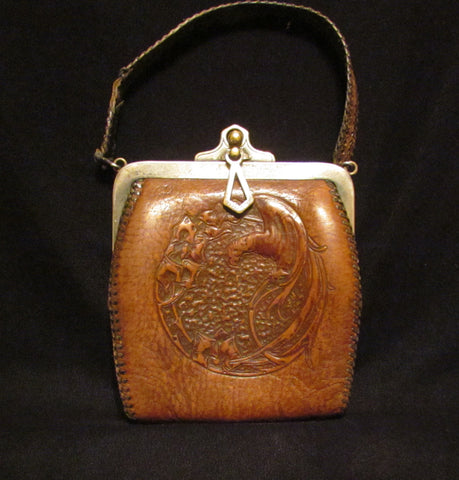 Tooled Leather Purse 1921 Art Nouveau Handbag Vintage Parrot Purse Antique Leather