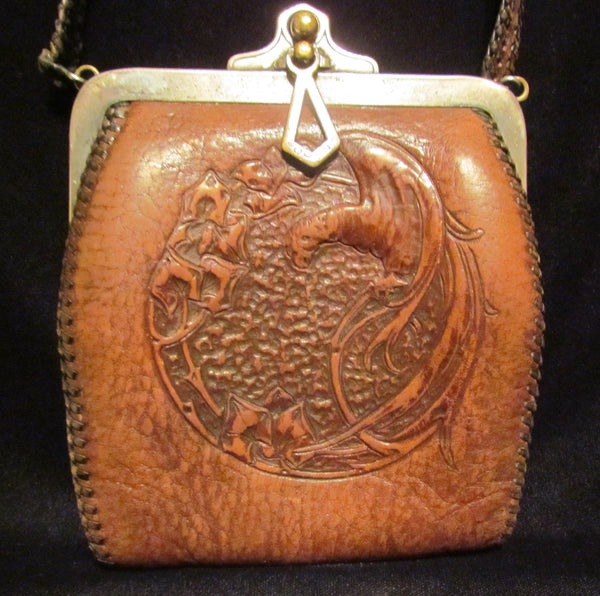 Tooled Leather Purse 1921 Art Nouveau Handbag Vintage Parrot Purse Antique Leather