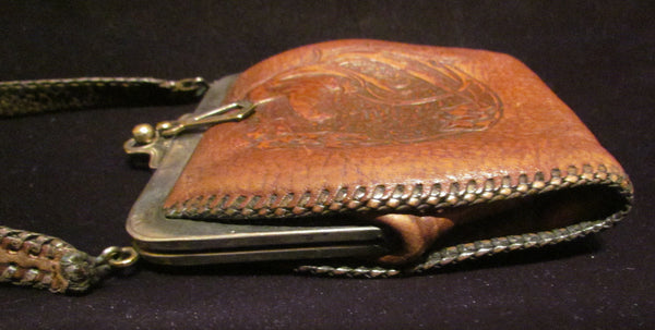 Tooled Leather Purse 1921 Art Nouveau Handbag Vintage Parrot Purse Antique Leather