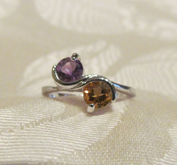 Amethyst And Citrine 1 Carat Round Cut Sterling Silver Ring Size 6