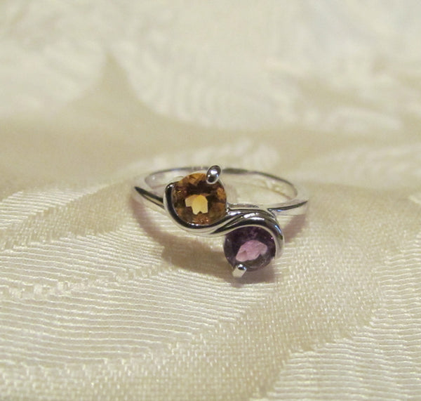 Amethyst And Citrine 1 Carat Round Cut Sterling Silver Ring Size 6