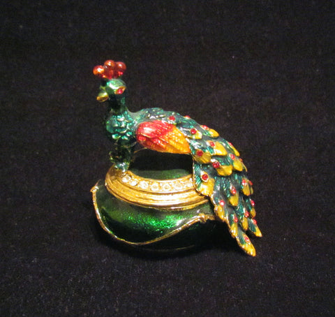 Peacock Trinket Box Enamel And Rhinestone Pill Container