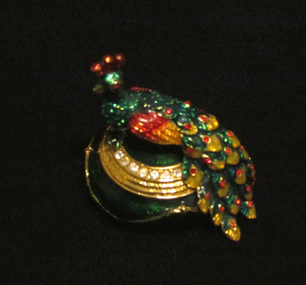 Peacock Trinket Box Enamel And Rhinestone Pill Container