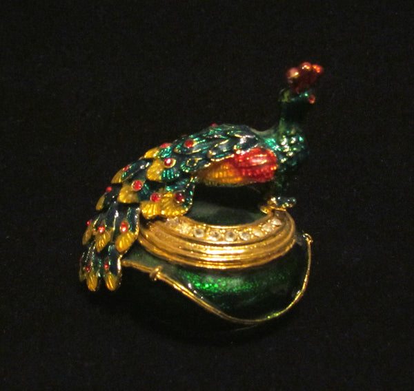 Peacock Trinket Box Enamel And Rhinestone Pill Container