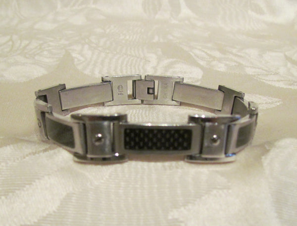 Mens Stainless Steel Link And Enamel Bracelet Vintage Holographic Enamel Inset Links