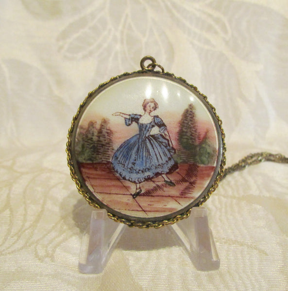 Gold Guilloche Enamel Pendant Compact Necklace Vintage Victorian Powder Compact Necklace