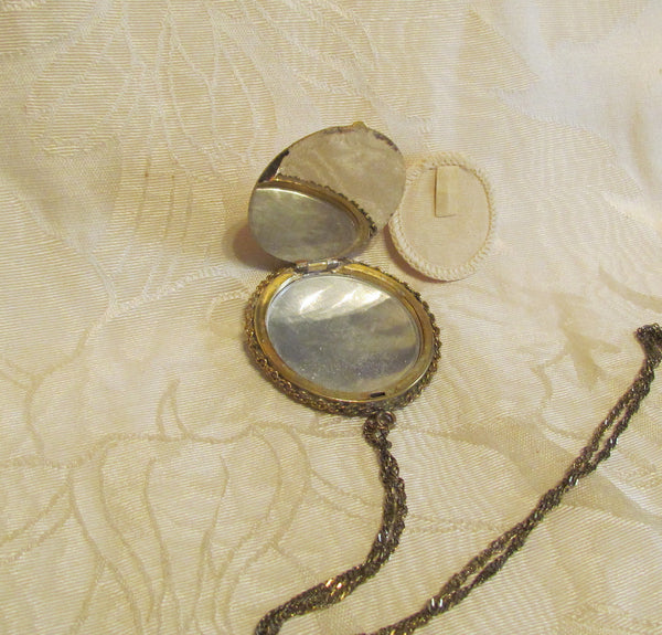Gold Guilloche Enamel Pendant Compact Necklace Vintage Victorian Powder Compact Necklace