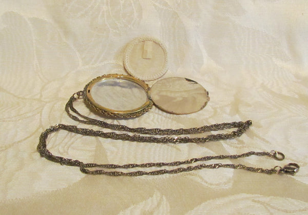 Gold Guilloche Enamel Pendant Compact Necklace Vintage Victorian Powder Compact Necklace