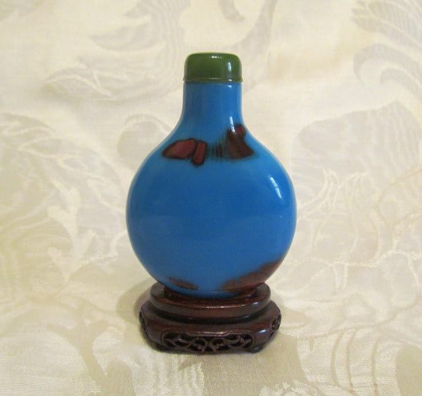 Vintage Asian Perfume Bottle Snuff Bottle Blue Polished Stone Wooden Base Chinese Vanity Accessory