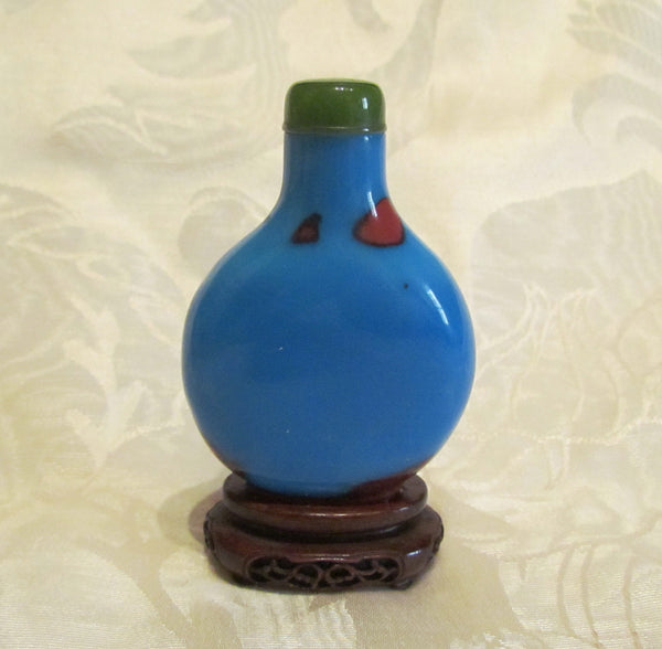 Vintage Asian Perfume Bottle Snuff Bottle Blue Polished Stone Wooden Base Chinese Vanity Accessory
