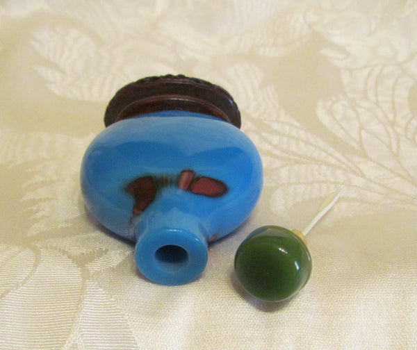 Vintage Asian Perfume Bottle Snuff Bottle Blue Polished Stone Wooden Base Chinese Vanity Accessory