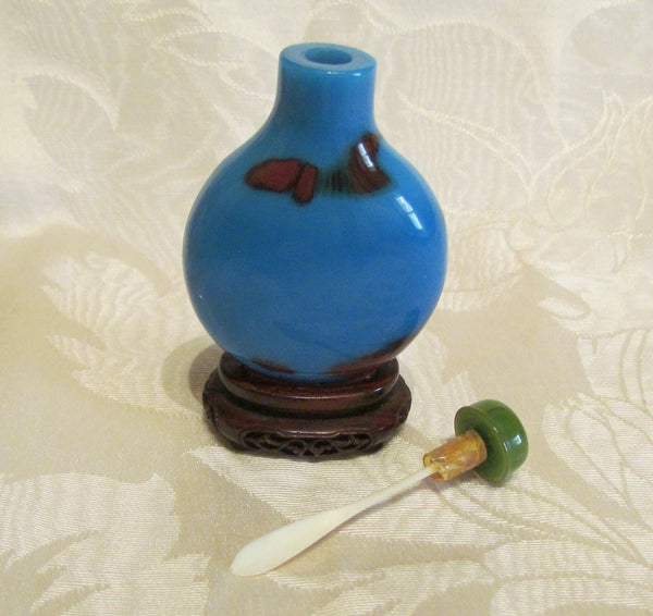 Vintage Asian Perfume Bottle Snuff Bottle Blue Polished Stone Wooden Base Chinese Vanity Accessory