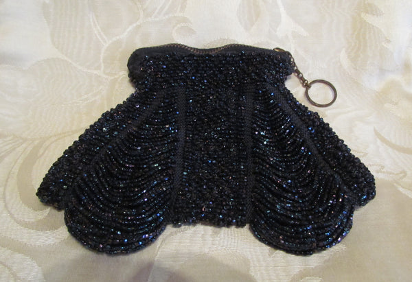 1920s Black Bead Purse Antique Finger Ring Black Iridescent Beaded Bag